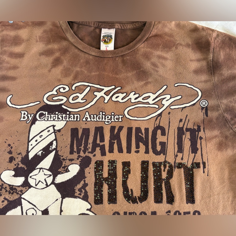 Ed Hardy - Y2K Era Brown Skull Graphic Tee - Size L - Picture 6 of 15